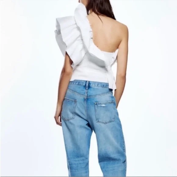 Zara one shoulder ruffle Poplin‎ top size small NWT - Picture 4 of 13